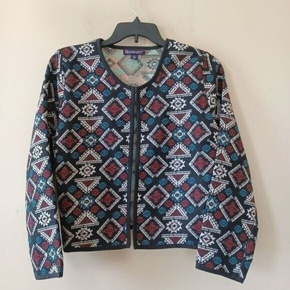 Roaman's Sweaters - Roamans Jacket Sz 14W Southwestern Tapestry Artsy Aztec Open Boxy Short Jacquard